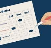A hand marks a ranked-choice voting ballot, filling in ovals to indicate 1st, 2nd, and 3rd preferences for three candidates.