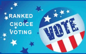A graphic with stars, the words "Ranked Choice Voting," and a circular emblem with the word "VOTE" in bold letters over a red and white striped background.