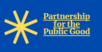 Yellow asterisk symbol and text reading "Partnership for the Public Good" in yellow on a blue background.