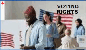 People stand in line at a polling station with American flags in the background; the words "VOTING RIGHTS" appear in bold text.