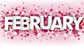 The word "FEBRUARY" in large white letters is displayed over a pink background with scattered red, white, and pink heart shapes.