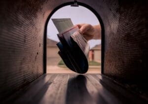 A hand delivers letters and magazines into a mailbox, viewed from inside the mailbox looking out toward a suburban street.
