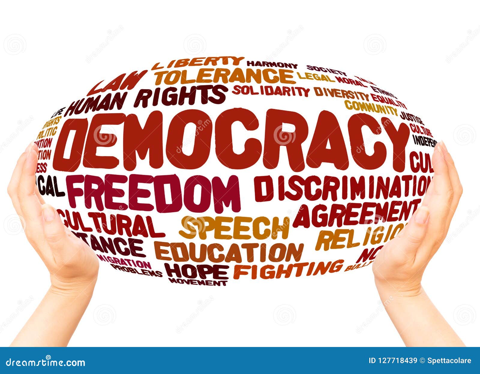 Two hands hold an oval shape filled with words like "Democracy," "Freedom," "Human Rights," "Tolerance," and "Education" in various fonts and colors.