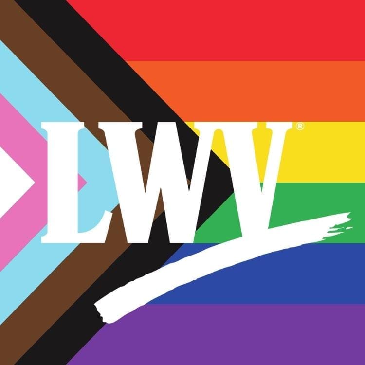 A white "LWV" logo is centered over a Progress Pride Flag background featuring rainbow and chevron stripes in black, brown, light blue, pink, and white.