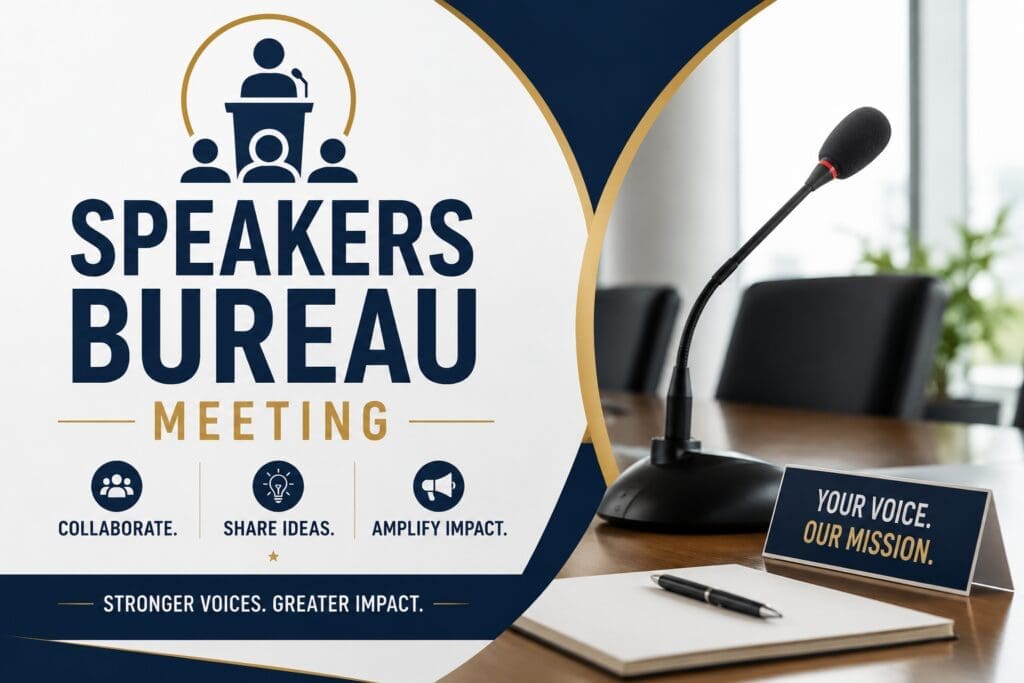 A conference table with a microphone, notepad, and a sign reading "Your Voice, Our Mission" promoting a Speakers Bureau Meeting focused on collaboration, sharing ideas, and amplifying impact.