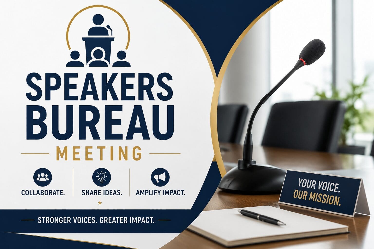 A conference table with a microphone, notepad, and a sign reading "Your Voice, Our Mission" promoting a Speakers Bureau Meeting focused on collaboration, sharing ideas, and amplifying impact.