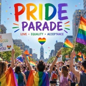 Crowd marches in a city street during a Pride Parade, holding rainbow flags and signs. Banner reads "Pride Parade: Love, Equality, Acceptance" with a rainbow heart and confetti overhead.