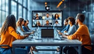 A group of people seated at a conference table in a modern office participates in a video call with remote colleagues displayed on a large screen.