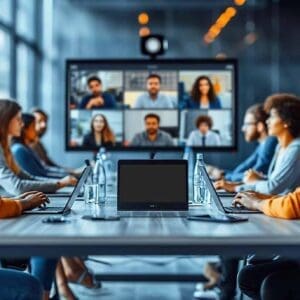 A group of people seated at a conference table in a modern office participates in a video call with remote colleagues displayed on a large screen.