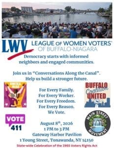 A community event flier for 'Conversations Along the Canal' by the League of Women Voters, with date, time, location, and voting information. Various logos and images included.